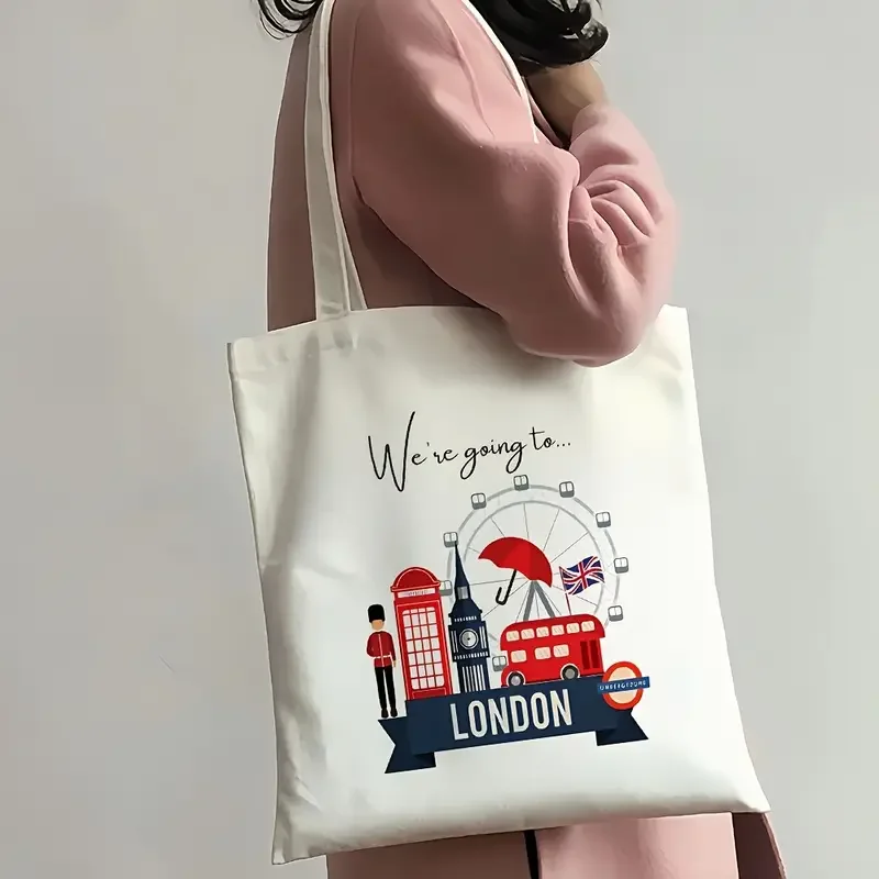 London Landmark Bus Phone Booth Doodle Printed Canvas Tote Bag Handbag For Daily Commute Shopping And Short Travel Use view 3