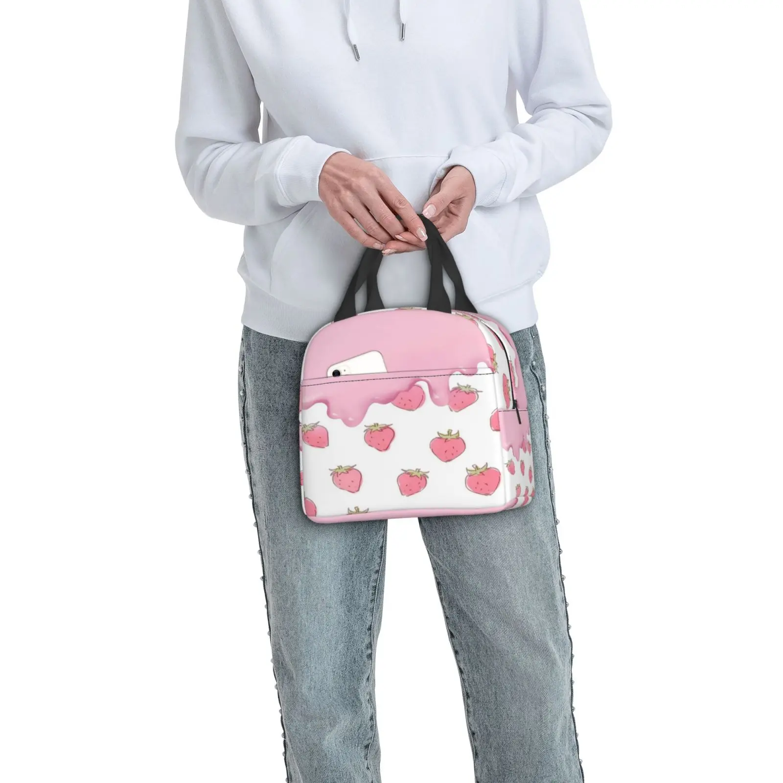 Pink Strawberry Ice Cream Pattern Insulated Lunch Box Leak-proof Thermal Cooler Lunch Bag for Men Women Kids Work Trip Picnic