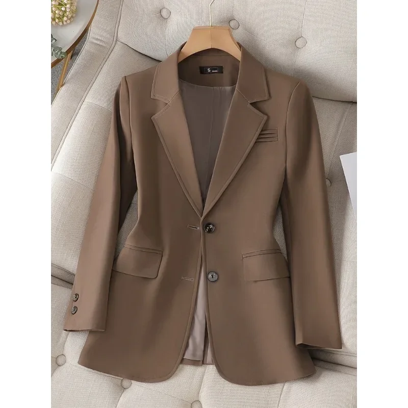 Mode Frauen rosa Kaffee schwarz fester Blazer weibliche Langarm einreihige gerade Jacke Mantel Damen