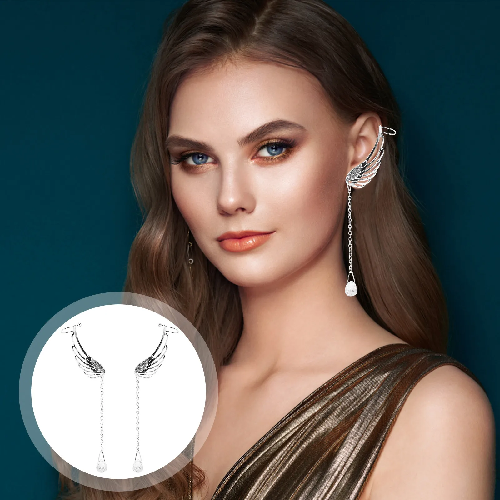 1 Par de Pendientes Colgantes con Alas Brillantes para Mujer, Estilo Araña de Cristal, Joyería de Oreja de Ángel, Accesorio de Moda para la Noche