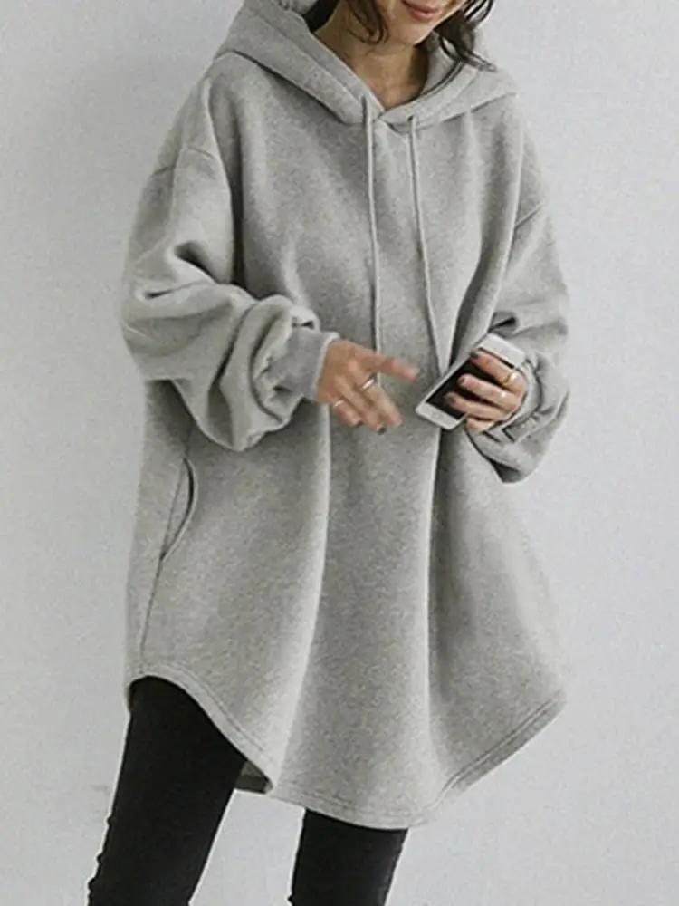 ZANZEA frauen Hoodies Langarm Sweatshirts 2023 Herbst Beiläufige Feste Lose Lange Kordel Pullover Übergroßen Streetwear 7