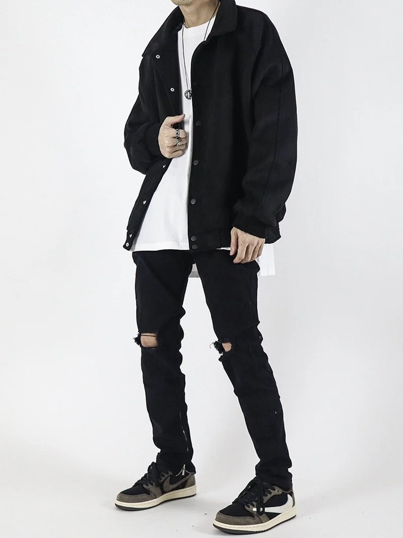 High Street Pants Zipper Straight Black Ripped Jeans Men Korean Fashion Full Length Denim Trousers Pantalones Vaqueros Hombre