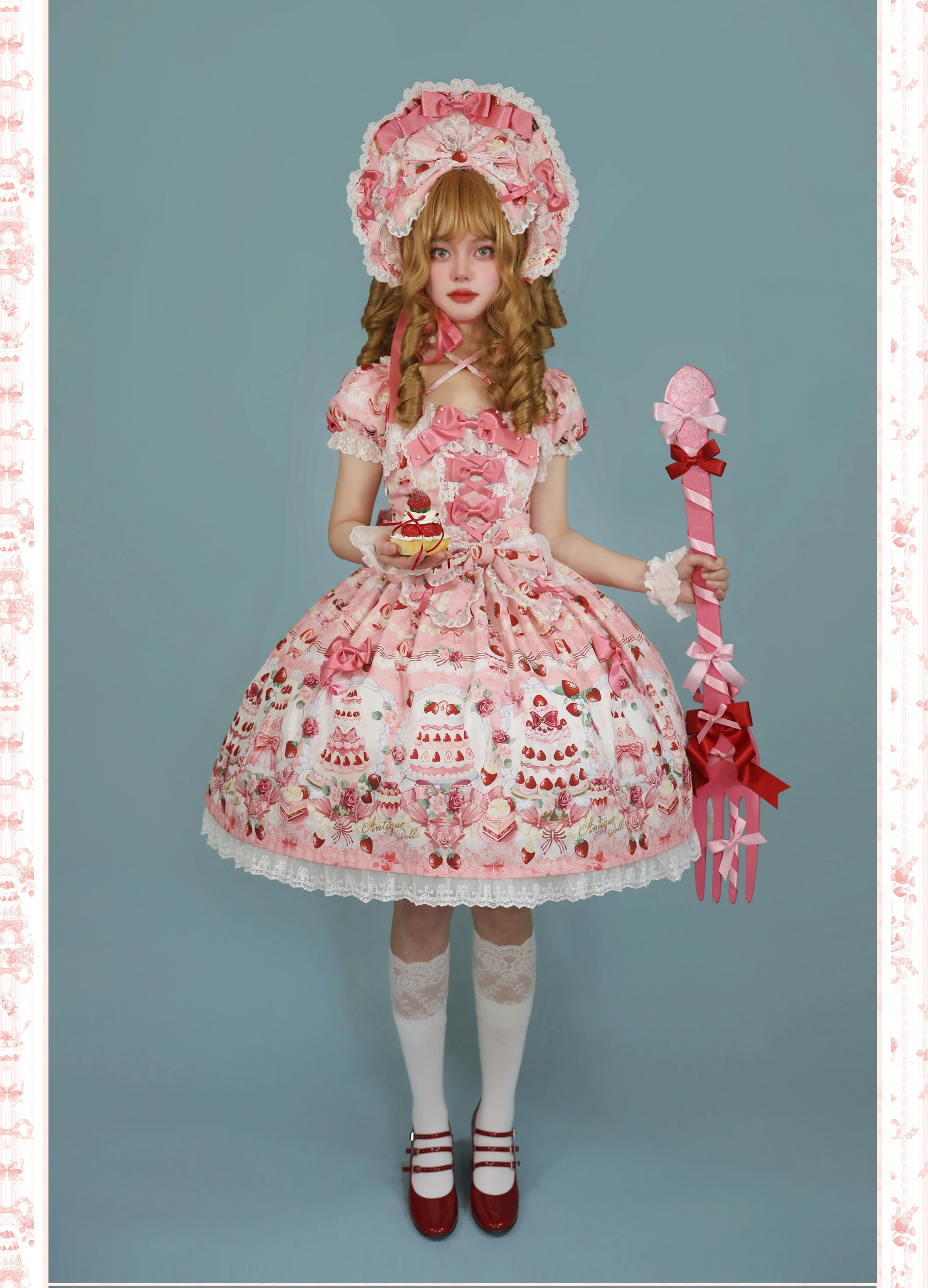 Japanese Girls Lolita Short Sleeve Dress OP Women's Cute Bow Strawberry Print Kawaii Birthday Dress Y2K Princess Dress Vestidos