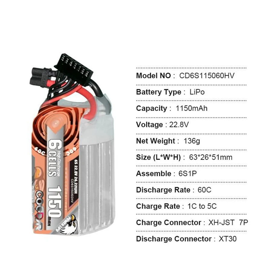 CD6S115060HV 6S 22.8V 1150mAh 60C HV Long Endurance CineLog35 Model Airplane Lithium Battery Pack