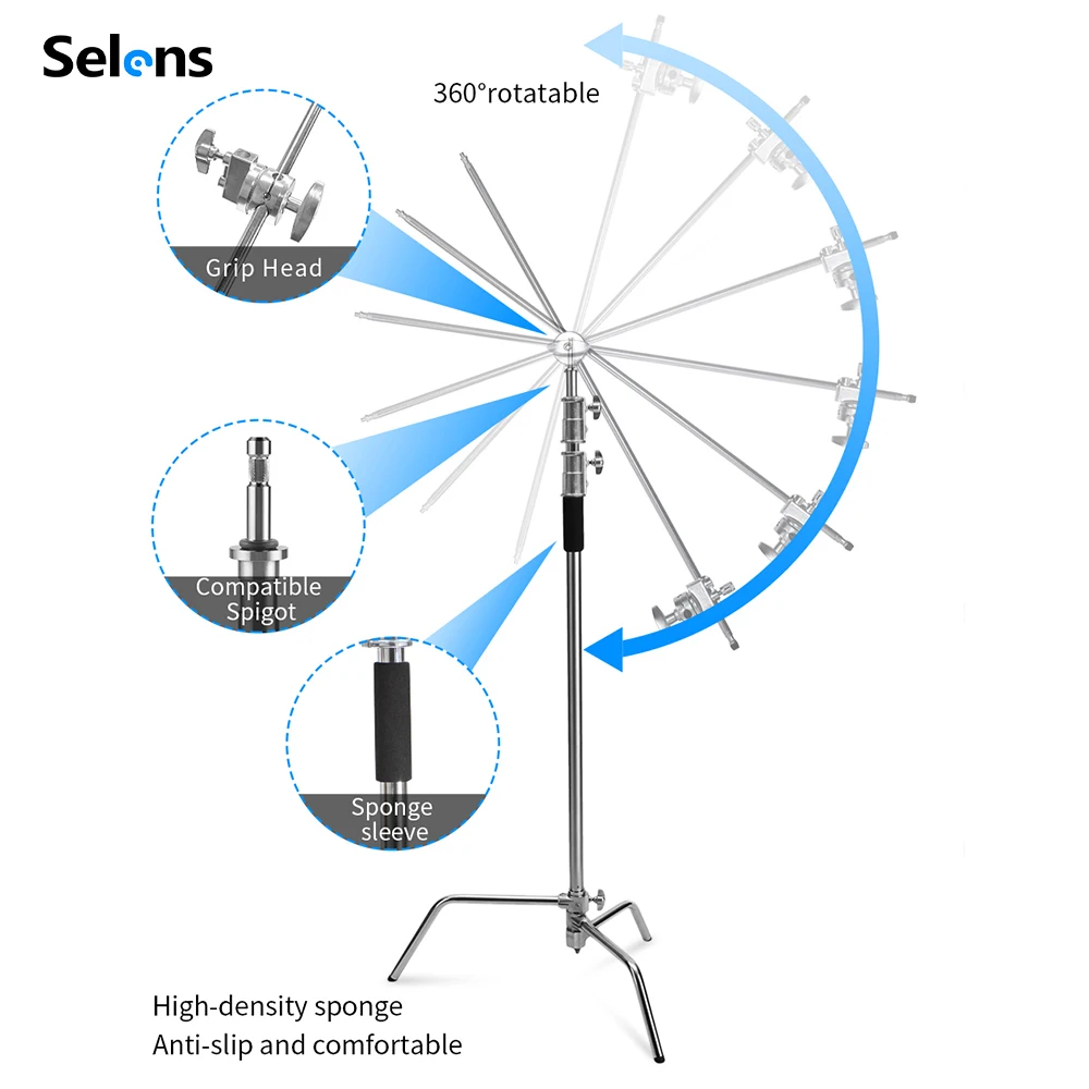 Selens 3.3M C-Stand حامل ثلاثي متعدد الوظائف من الفولاذ المقاوم للصدأ لـ Softbox Flash Spot/خلفيات إضاءة ناعمة مع ميكروفون لاستوديو التصوير الفوتوغرافي
