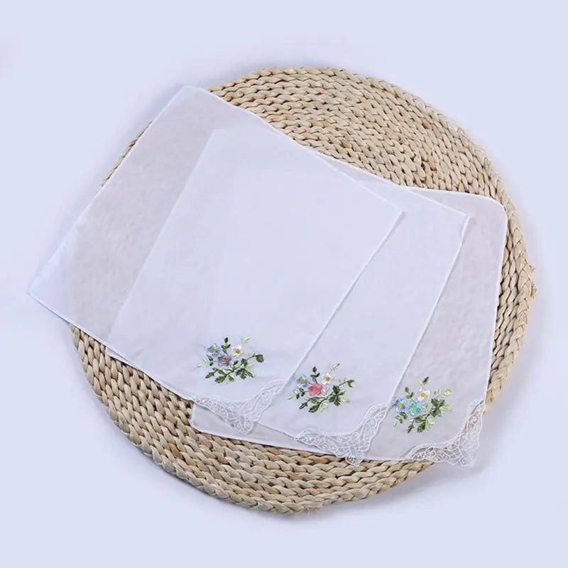 5Pcs/Set 11x11 Inch Womens Cotton Square Handkerchiefs Floral Embroidered with for Butterfly Lace Corner Pocket Drop Shipping