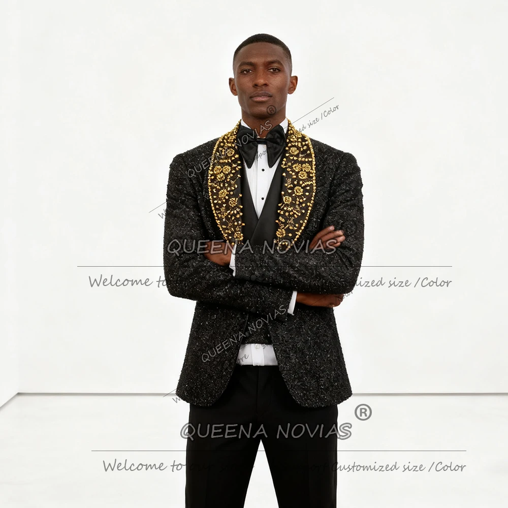 

Sparkling Pearls Beaded Suit Men For Wedding 3 Pieces Sets Shawl Lapel Prom Blazers Customized Man Banquet Attire Groom Tuxedos