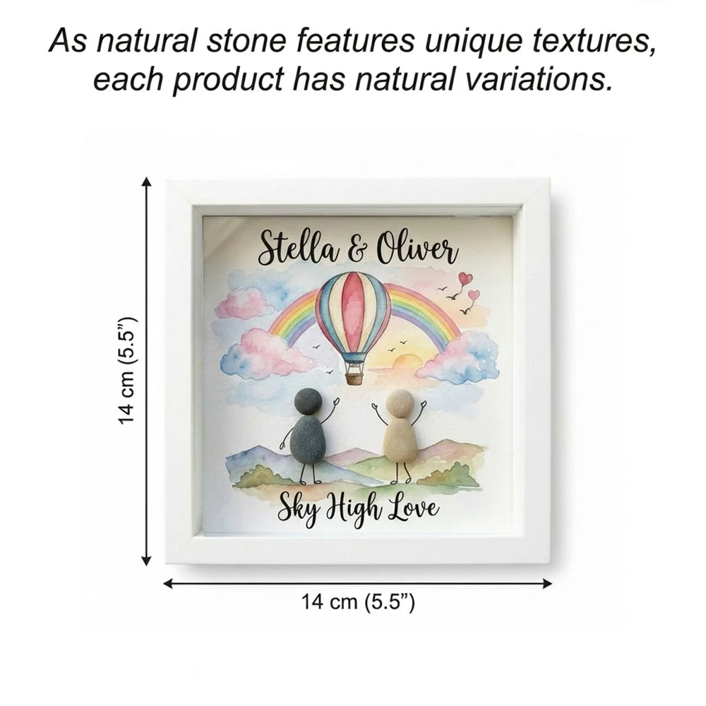 Personalised Custom Couple Pebble Picture Frame,Custom Names Phrase,Hot Air Balloon Rainbow Waving,Romantic Souvenir,Valentine