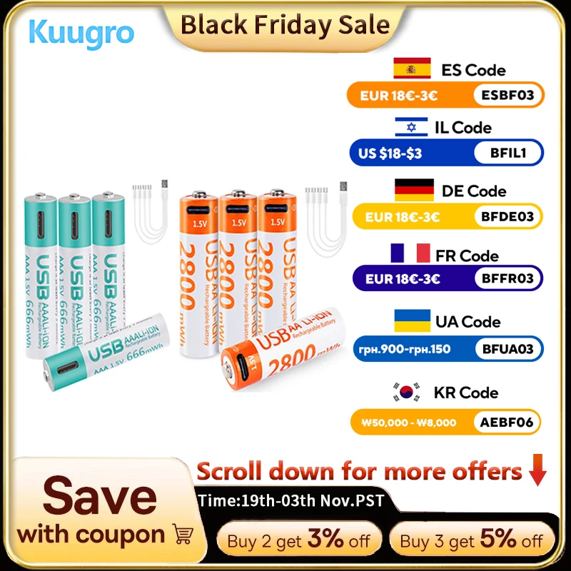 

kuugro USB 1.5V AAA and AA Rechargeable Lithium ion Batteries 1.5V 2800mWh aa Li-ion Batteries+666mWh 1.5V aaa Li-ion Battery