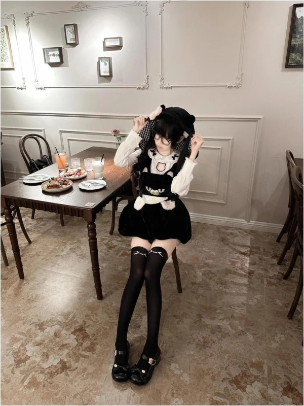 

Cute Japanese Sle Long Sve irt And Overalls Set with Bow Tie Doll Collar Soft Plu Bla Spring Autumn Faion Women'...