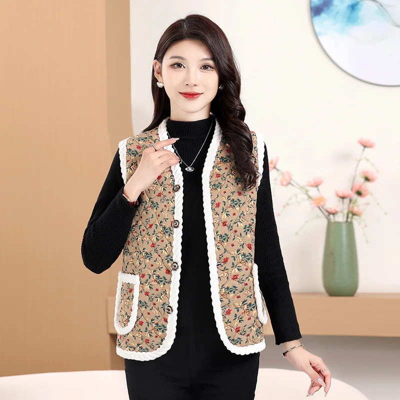 Women's Northeast China Characteristic Vest Autumn and Winter Cotton Clothes for the Elderly Velvet Warm Floral Jacket