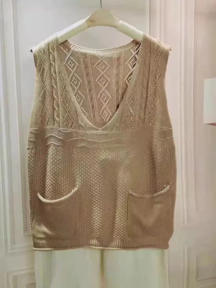 

Вязаный свитер в стиле ретро с v-образным вырезом, жилет, женская весенне-осенняя свободная верхняя одежда, ленивый ажурный трикотаж, модный дышащий