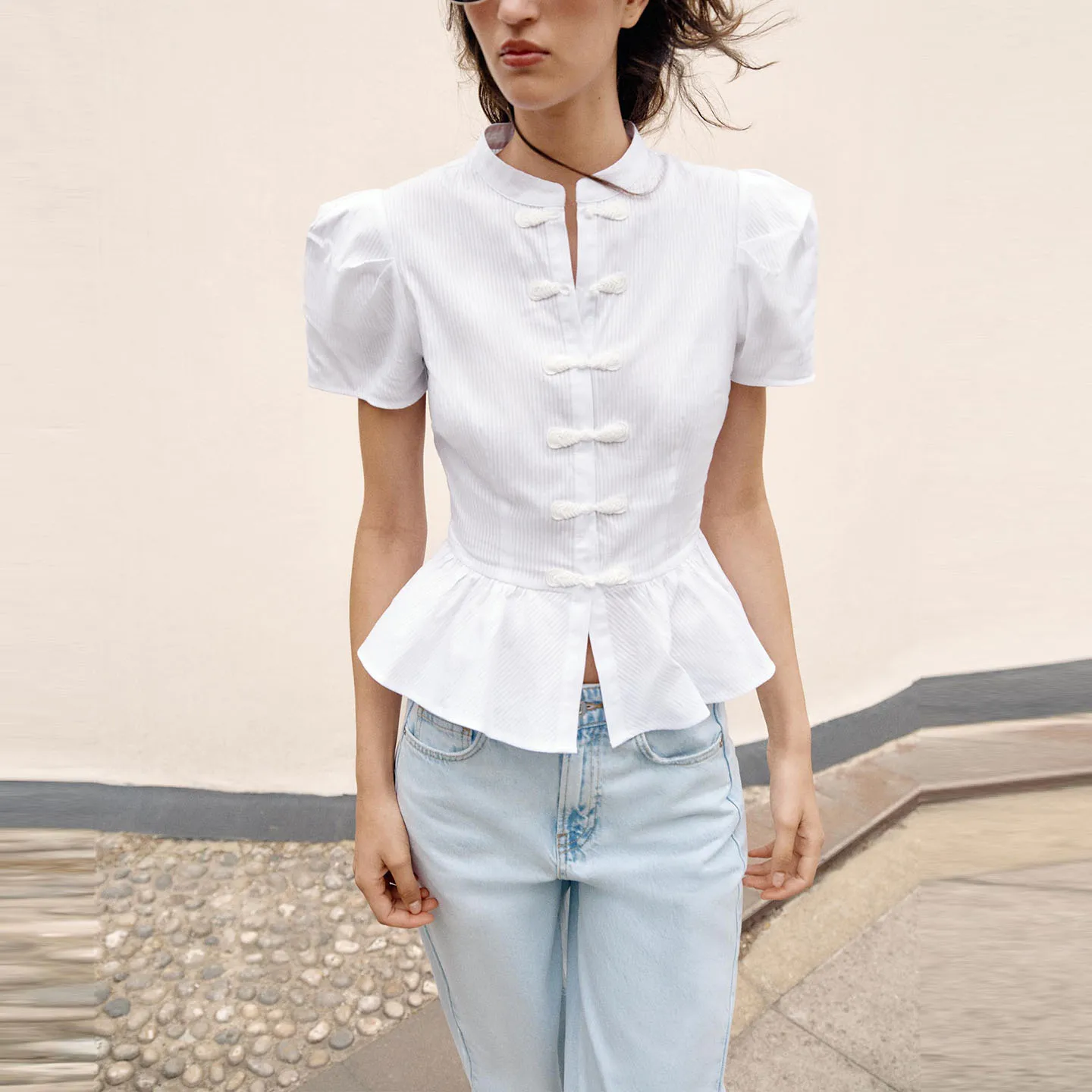 Women's A-Line Shirt Short Sleeve round Neck Rope Buckle Design Commute Style Fashionable Autumn Wear ZADATA Brand
