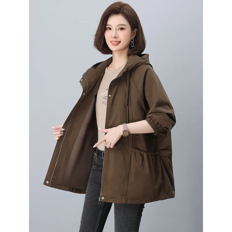 

Корейская свободная ветровка средней длины, женская повседневная куртка средней длины, топ с капюшоном