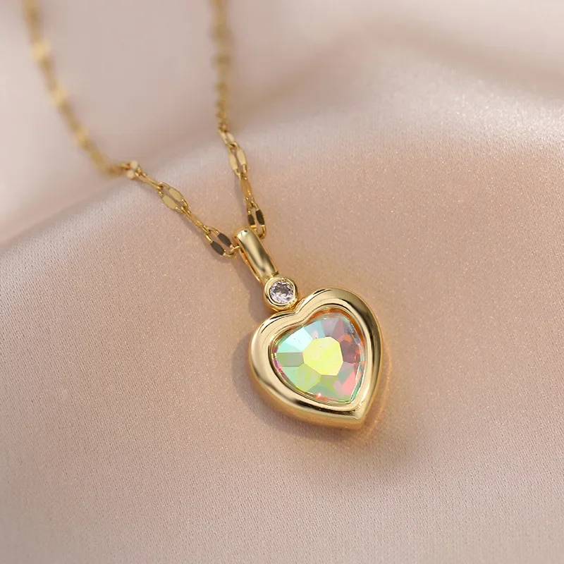 Colorful Zircon Love Heart Pendant Necklaces for Women Girls Stainless Steel Chain Trendy Romantic Jewelry Accessories Gifts