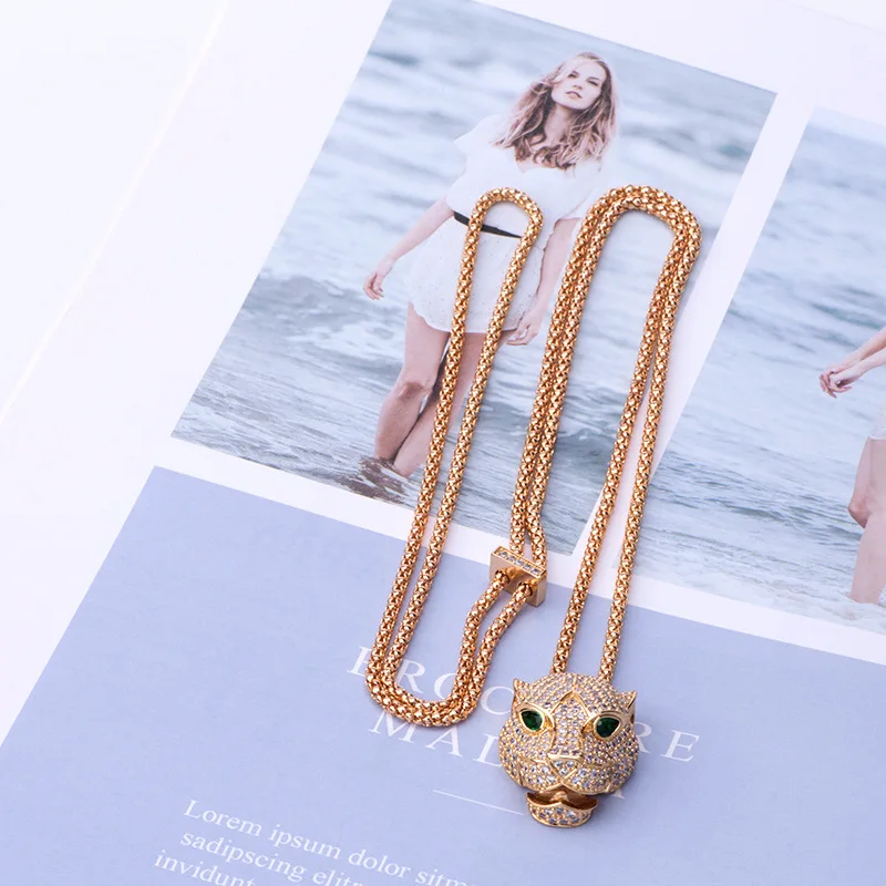 Europe America Designer Luxury Sweater Chain Men Women Lady Micro-inlaid Full Czech Zircon Leopard Pendant Long Necklace