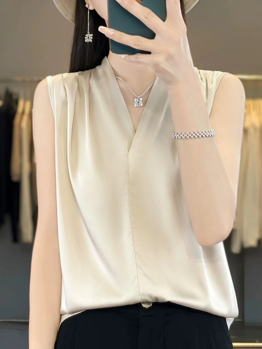 Ele V-Ne Silk Acetate Satin Women's Tank Top Svel Summer irt Inner Wear Casual Comfortable Loose Fit  Color
