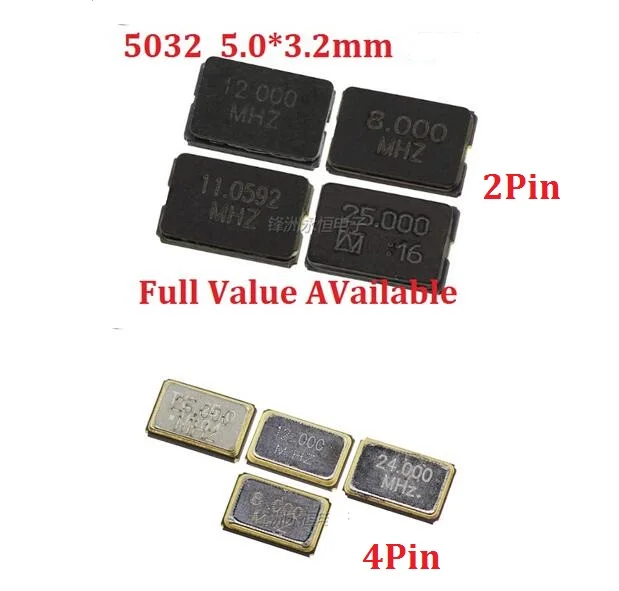 Free Ship 10PCS Passive Crystal Oscillator SMD 5032 2PIN 8MHZ/10MHZ/11.0592MHZ/12MHZ/16MHZ/20MHZ/24MHZ/25/27mhz 4Pin 5.0*3.2mm