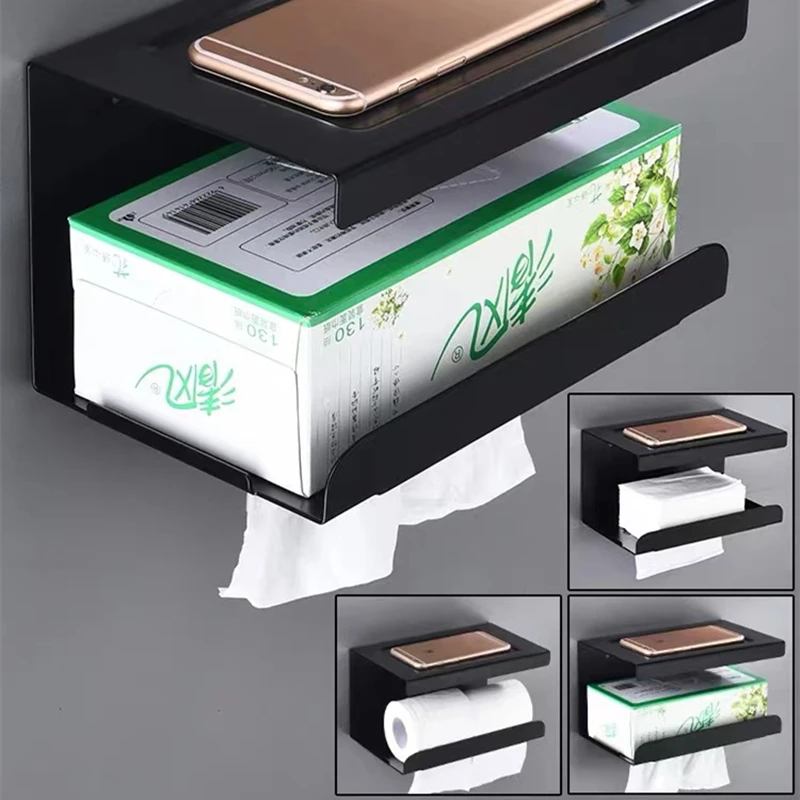 Black Aluminum Rustproof Bathroom Toilet Paper Holder with Phone Shelf, Wall Mounted Tissue Storage Rack Tissue Box Organizer