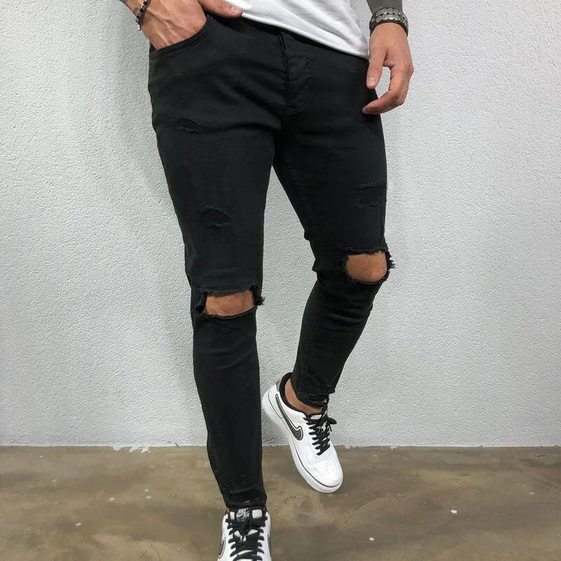 Pantalones vaqueros ajustados con agujero en la rodilla para hombre, Pantalón de algodón elástico de Color sólido, estilo Hip Hop, a la moda, S-4XL,