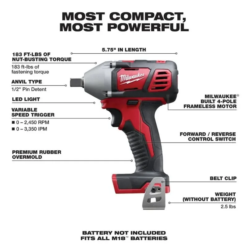 Milwaukee M18 BIW12/2659 M18 1/2" Cordless Impact Wrench 18V Lithium Portable Power Tool