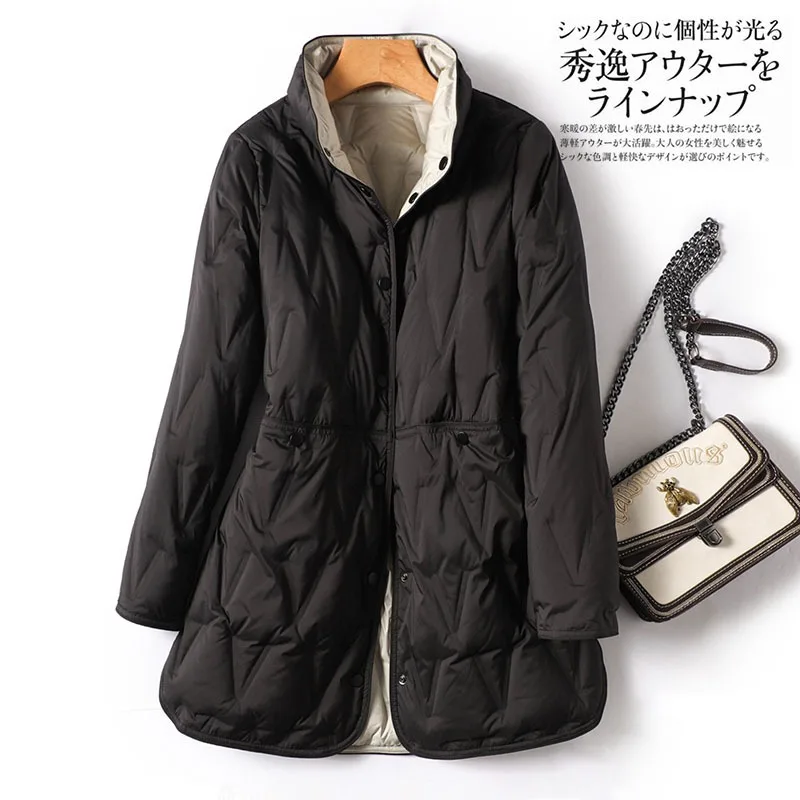 Luxury Women's Autumn Winter New Warm Down Jacket Mid-Length Lightweight Two-Tone Colour Reversible White Duck Down Outerwear