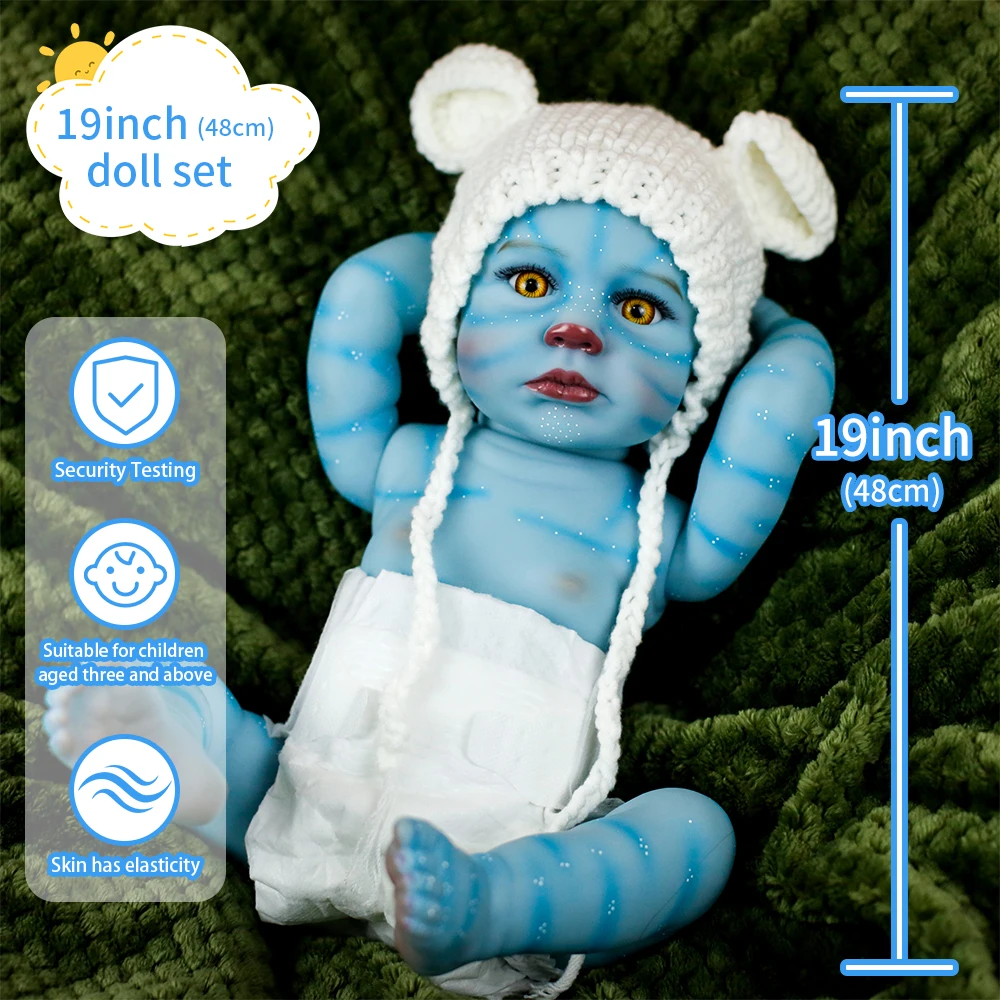 19 بوصة واقعية تولد من جديد سيليكون الفينيل الجسم دمية طفل الصورة الرمزية اليدوية ثلاثية الأبعاد الجلد الأزرق مقاوم للماء حمام تحصيل لعبة هدية لفتاة