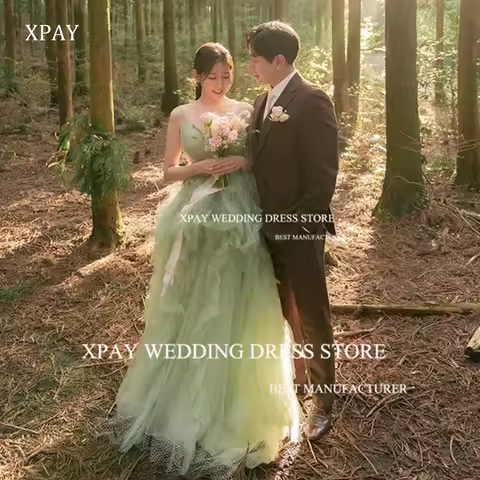 XPAY Spaghetti Straps Korea Wedding Evening Dress Photo Shoot Tiered RufflesProm Gown Sage Green Birthday Special Occasion Dress