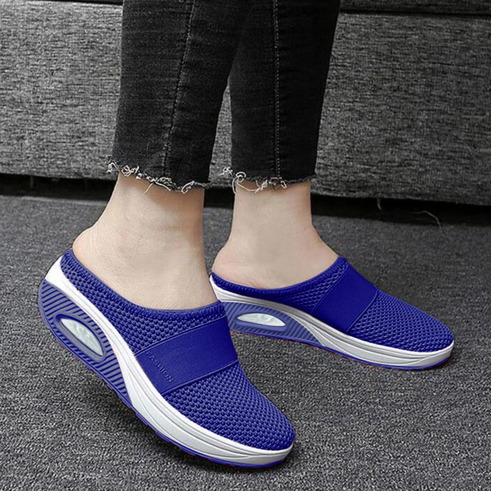 Lightweight Comfortable Package Head Slippers Female Thick Bottom Air Cushion Hollow Mesh Breathable No Heel a Stirrup Flat Shoe