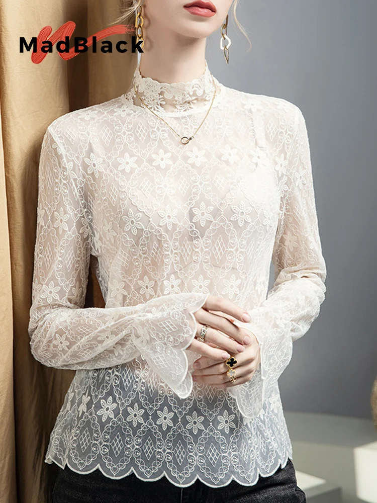 

MadBlack-Women European T-Shirt, Sexy Stand Lace Patchwork, Fashion Flare Sleeve Slim S-3XL Sheer Tee, 2025 Winter New T5N047CC