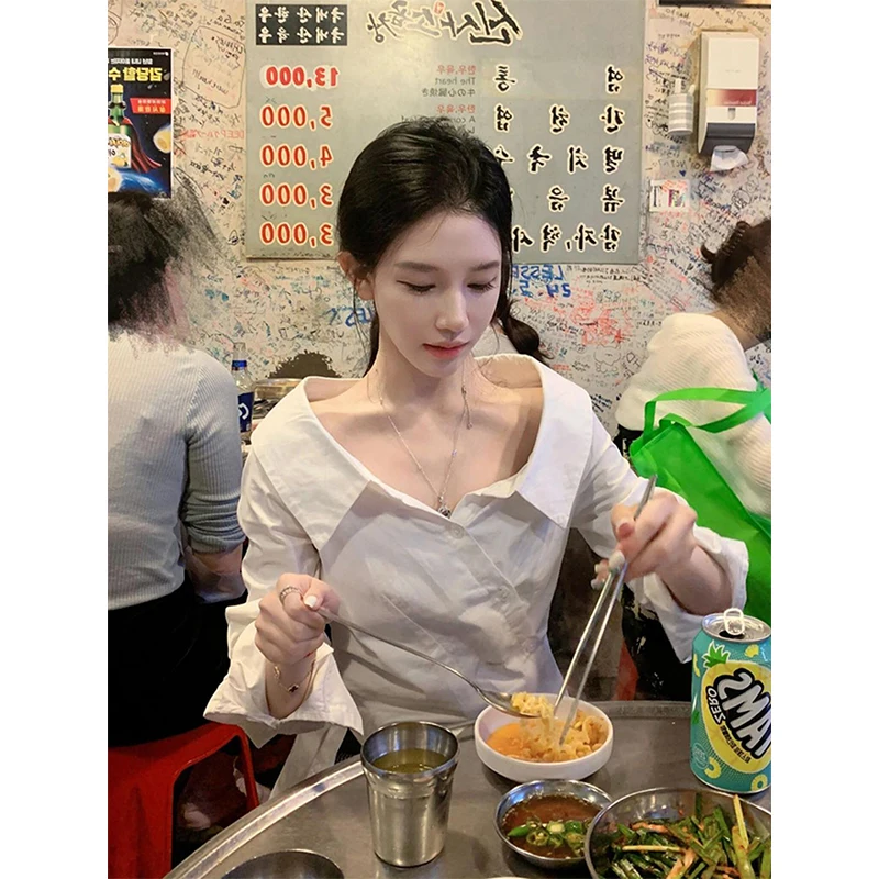 

MEXZT Irregular Cropped White Shirts Women Fashion Streetwear Sexy Off Shoulder Blouses Summer Elegant Korean Long Sleeve Tops