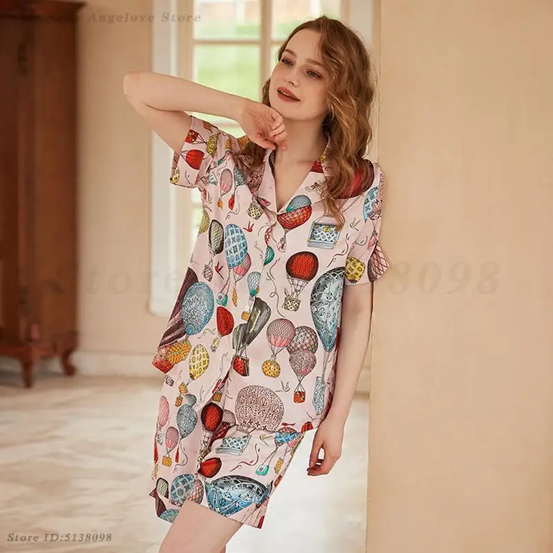 High Quality Sleepwear Pyjamas Suit Female Luxury Printed Pajamas Home Wear Casual Silk Satin Loungewear Summer Pijama Mujer