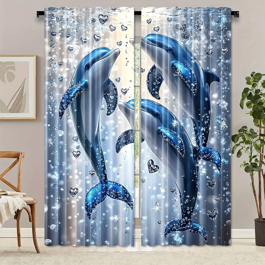 2PCS Digital Printed Curtains, Bubble Dolphin Ocean Marine Animal Cute, Window Curtains for Living Room Bedroom Home Decoration