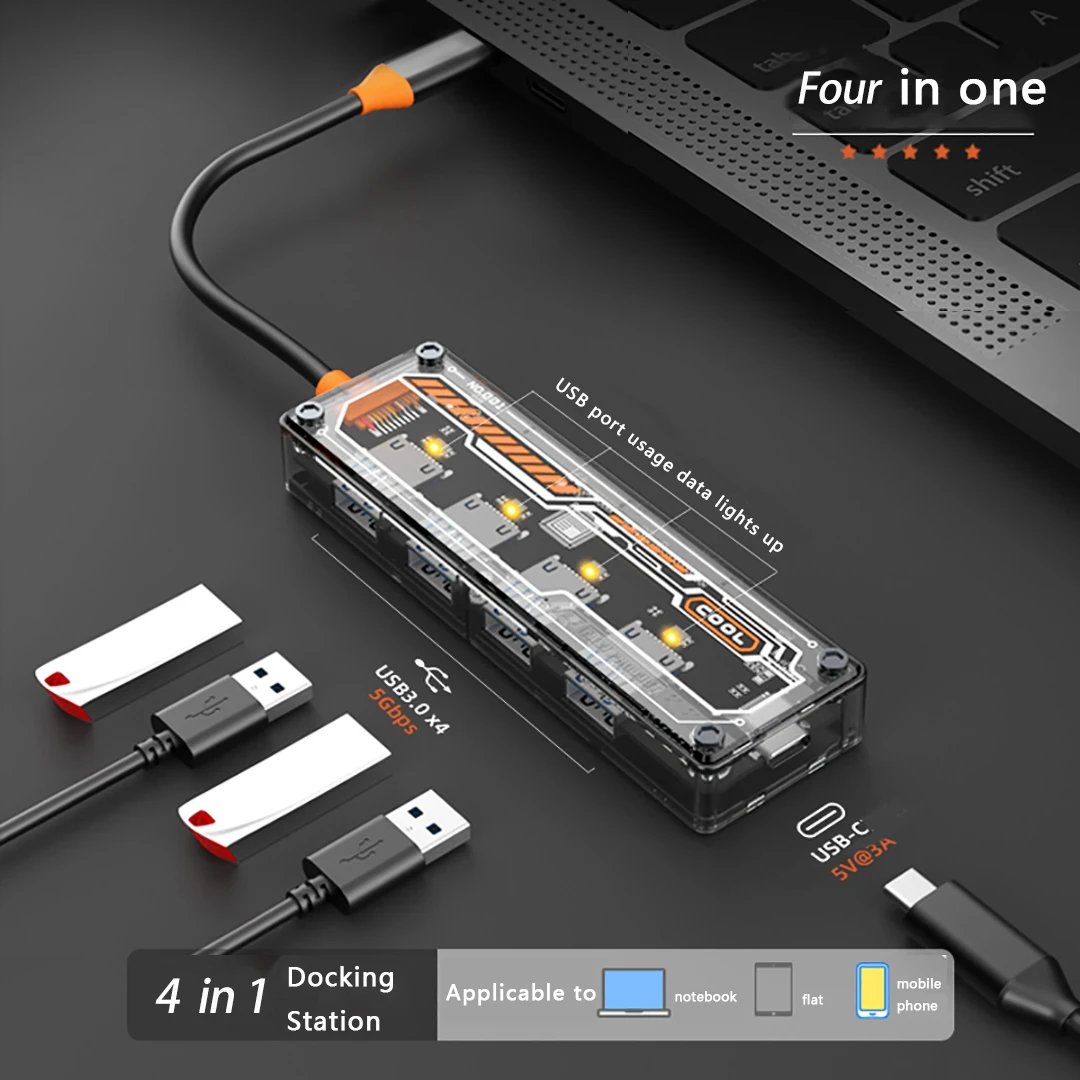 5 In 1 Transparent Usb C Hub Usb Splitter Type C Hub For Macbook Pro Air Laptops Pc Accessories Docking Station Hub Usb C Rj45