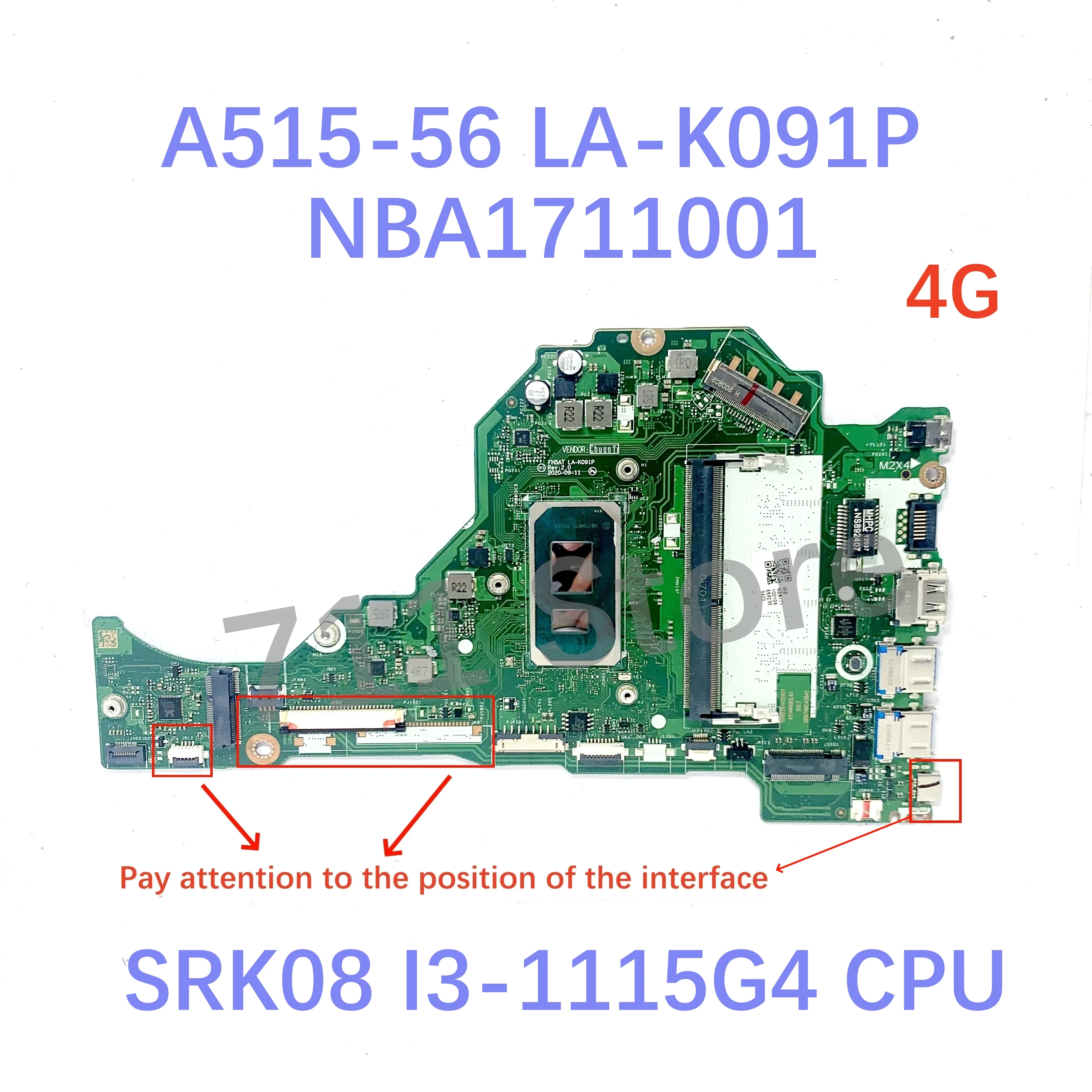 Mainboard LA-K091P NBA1711001/NBA1711005 With I3/I5/I7 CPU 4GB For Acer A515-56 A515-56G Laptop Motherboard 100% Fully Tested OK