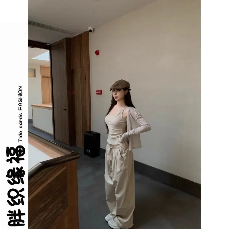 

New Long Pants Set for Women's Spring Long-sleeved Cardigan Vest Wide Leg Pants Three-piece Set Fashion Female Clothes