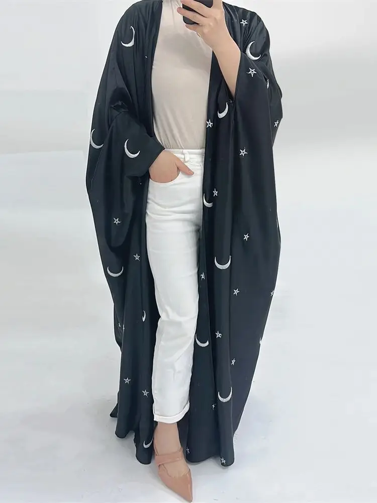 Open Satin Star Moon Embroidery Batwing Abaya Dubai Luxury Modest Kimono Muslim Palestine Abayas for Women Islam Clothing Kebaya