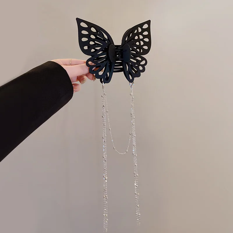 Pinza de pelo de Mariposa Negra grande para mujer, horquilla elegante de temperamento, tocado de borlas largas, Clip de agarre de moda, accesorios