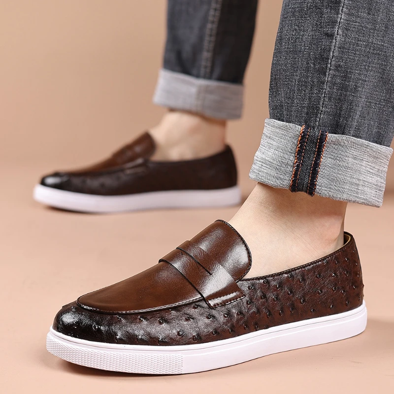 

Mens Brown Ostrich Embossed Leather Penny Loafers Slip On Casual Shoes With White Sole Comfortable Breathable For Daily Wear