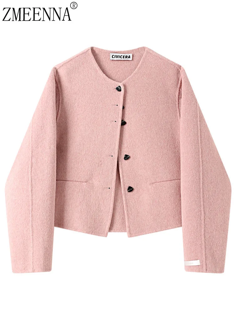 

ZMEENNA Womens Pink Blend Jacket Collarless Round Neck Single Breasted Shacket Minimalist Cardigan Coat Fall Outwear ZM4258