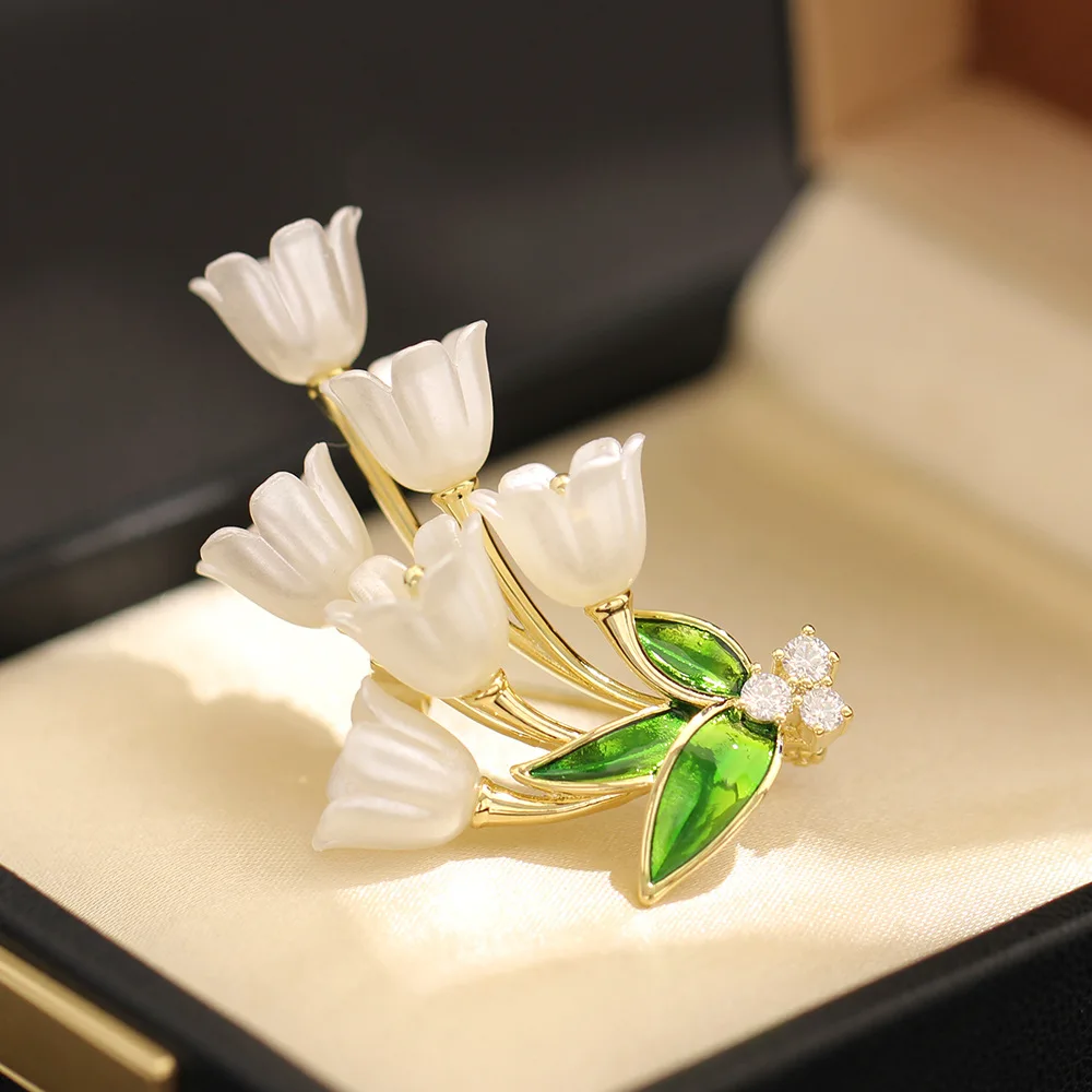 

White Lily of the Valley Brooch, Ethereal Floral Corsage, Elegant Anti-Gape Clothing Pin