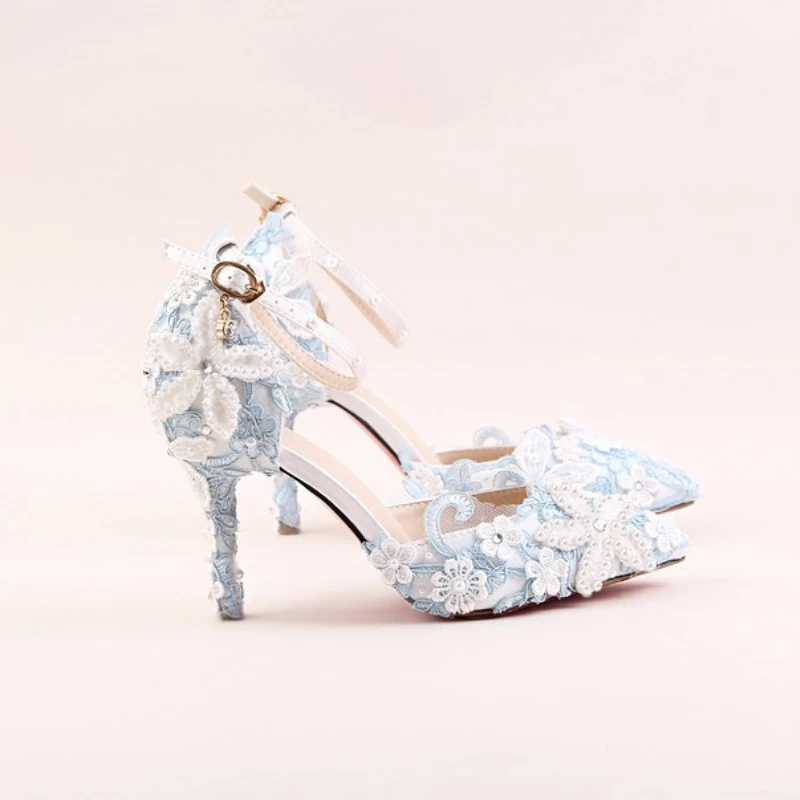 Blue Lace Flower Wedding Shoes Bride Pearl Rhinestone Dress Pumps Pointed Toe Stiletto High Heels Ankle Strap Sweet Sandals