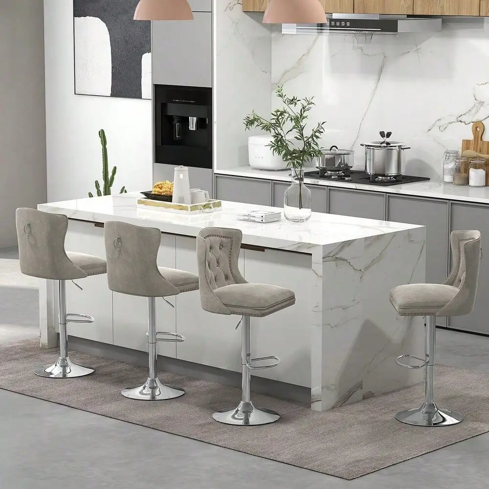 

Dutch Velvet Swivel Bar Stool Set of 4 with Footrest, Electroplated Metal Base