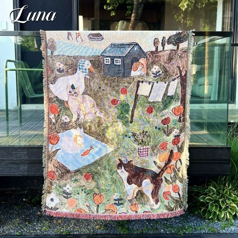 

Cartoon Cat Duck Picnic Blanket Outdoor Camping Mat Retro Animal Weave Throw Blankets for Beds Bedroom Decorative Tapestry Home