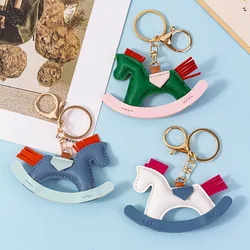 Cute Pu Leather Horse Key Chain Rocking Pony Bag Pendant Women Lucky Animal Keychain Tote Charm Car Trinket Keyring Jewelry Gift