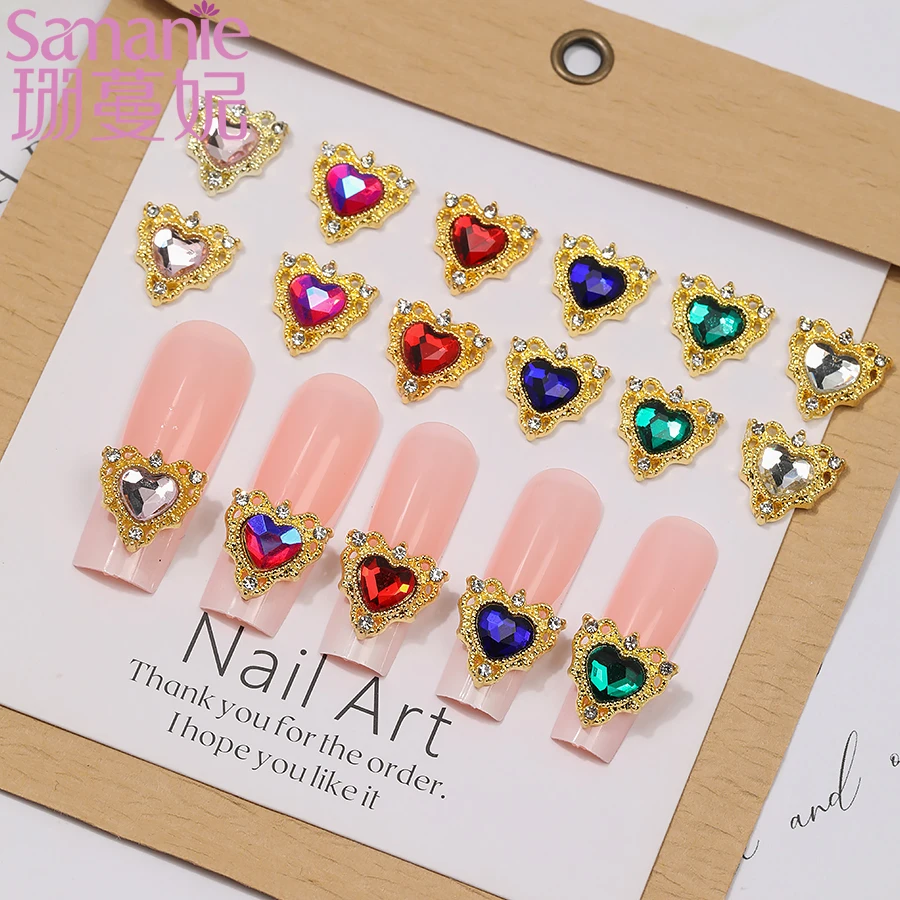 SANANIE 18PCS Light Luxury 3D Alloy Heart Shape Nail Charms Sparkling Colorful Glass Diamond Gold Color Nail Art DIY Decorations