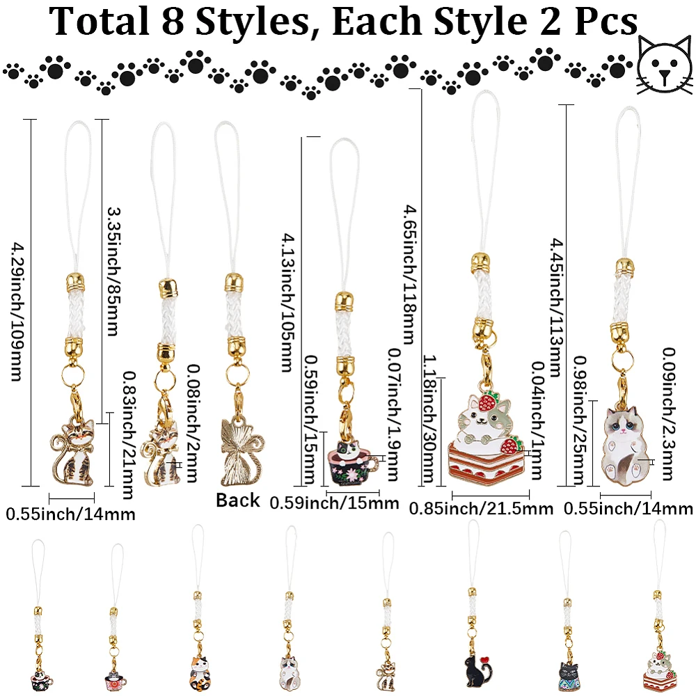 16pcs Cat Phone Charm Animal Cell Phone Charm Black White Colorful Alloy Enamel Cat Pendants with Cup Cellphone Straps for Back
