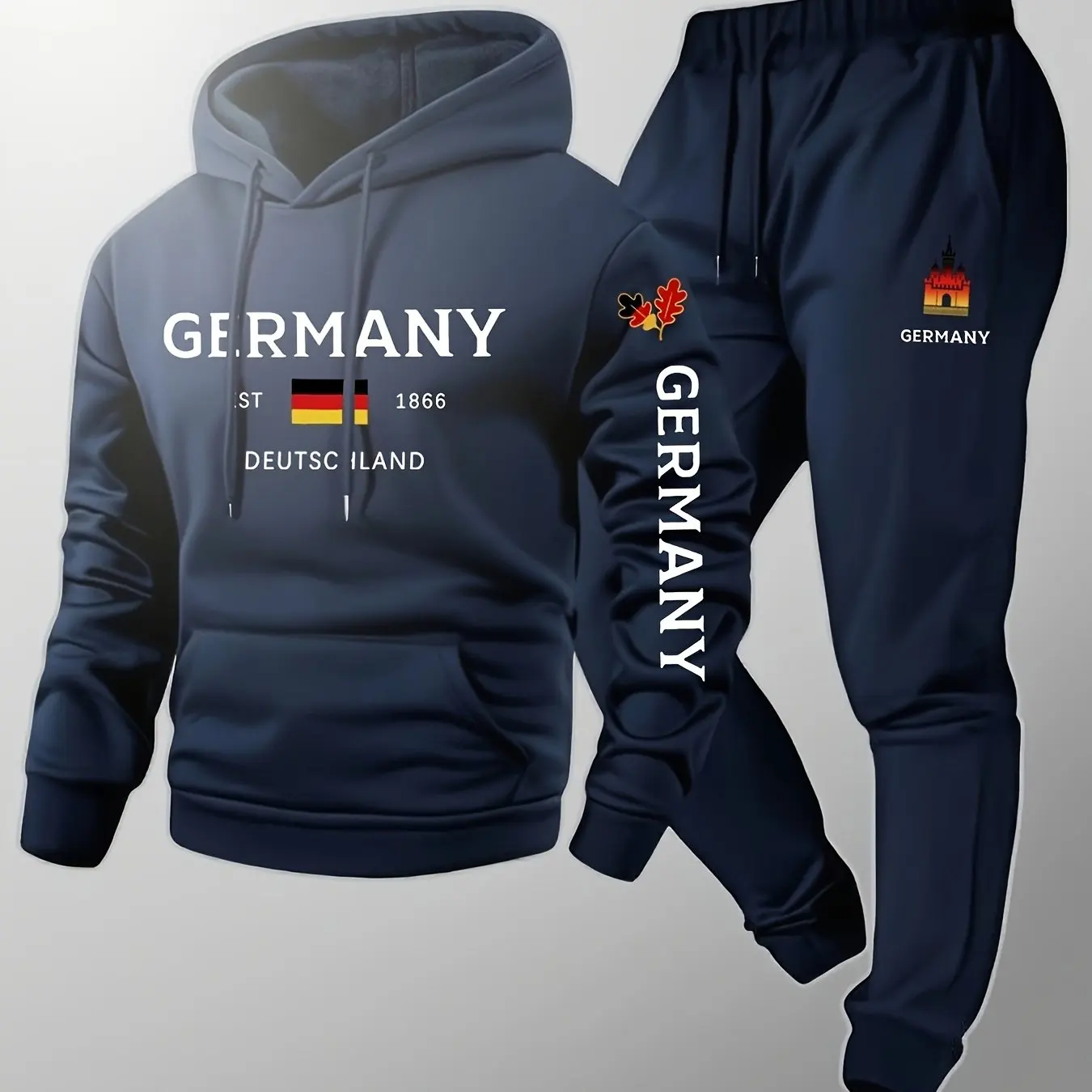 Men 2Pcs Germany Flag Castle Letter Print Hoodie Sweatpants Set Polyester Loose Autumn Street Casual Tracksuit For Men