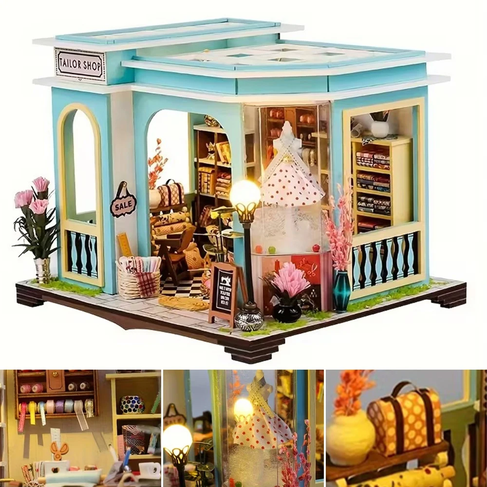 Miniatur-Architekturmodell im Schneiderladen-Stil, 3D-Holzbausatz, Wohnzimmer-/Schreibtischdekoration, Kreatives Geschenk für Erwachsene und Kinder