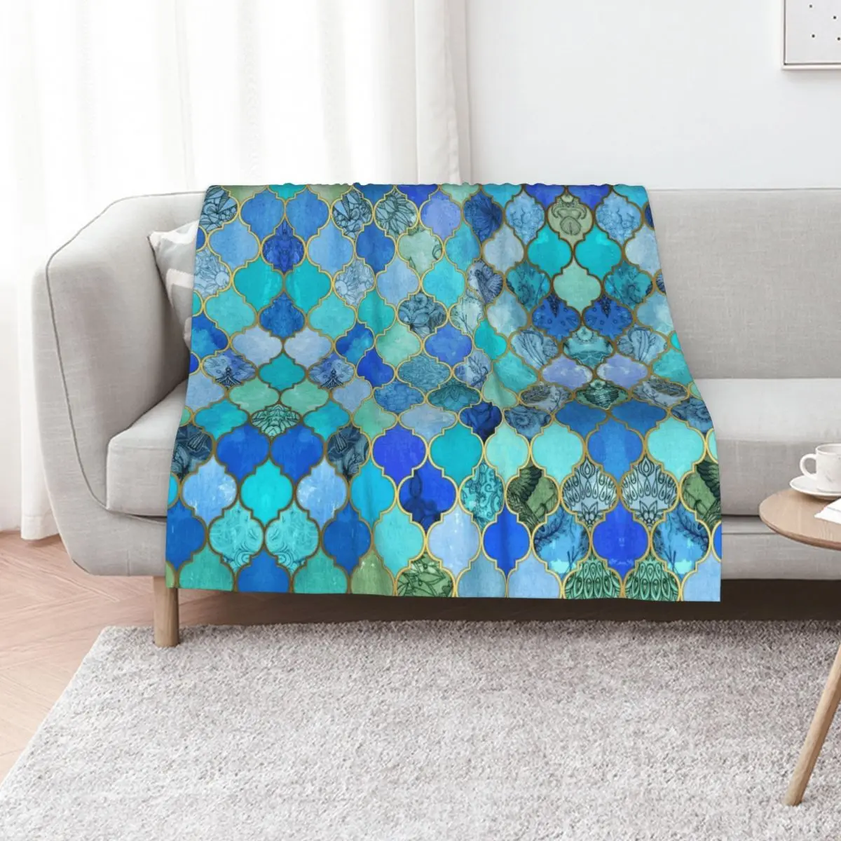 

Cobalt Blue, Aqua & Gold Decorative Moroccan Tile Pattern Throw Blanket Blankets For Sofas Decoratives Blankets